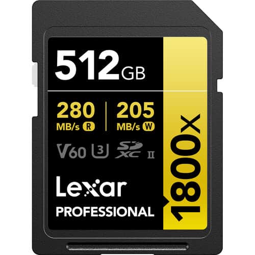 Lexar 512 GB Professional 1800x V60 UHS-II SDXC GOLD Series Memory Card