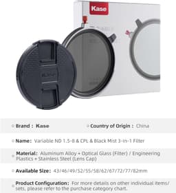 Kase 77mm Variable ND1,5-8 &amp; CPL &amp; Black Mist Filtre