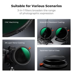 K&amp;F Concept 82mm Değişken ND2-32 (1-5 Durak) ve CPL ve Black Mist 1/4 3'ü 1 arada HD Filtresi 28 Çok Kaplamalı Nano-Xcel Serisi