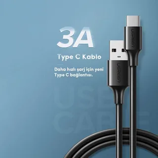 Ugreen USB Type-C Şarj ve Data Kablosu, Siyah, 1.5 Metre