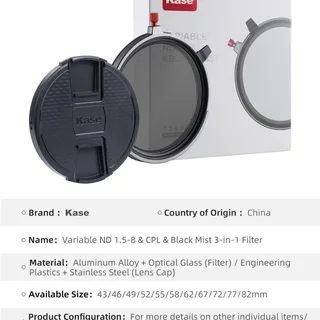 Kase 77mm Variable ND1,5-8 &amp; CPL &amp; Black Mist Filtre