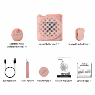 7RYMS WA2 Kablosuz Yaka Mikrofonlu Taşınabilir Ses Amplifikatörü Pembe