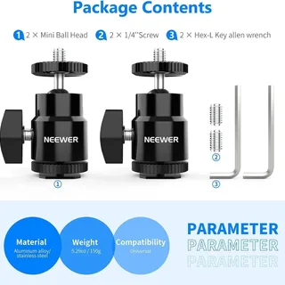 NEEWER ST17 1/4'' Kamera Hot Shoe Adaptörü (Mini Bilyeli Başlık) - 2'li Paket